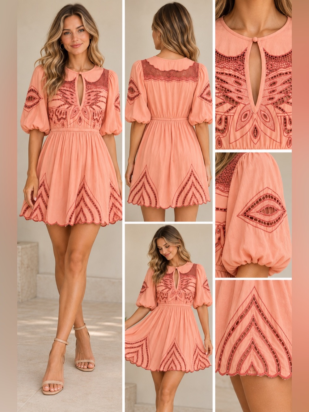Jen’s Pirate Booty Peach Coral Embroidered Crochet Cutout Boho Mini Dress M